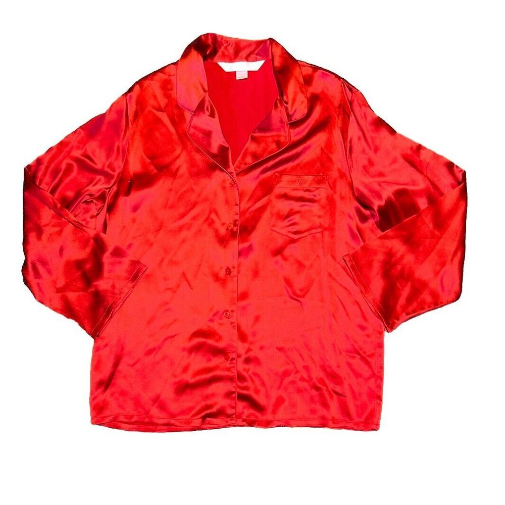 Victoria's Secret Red Silk Pajama Top Sleep Shirt Button Up Collared